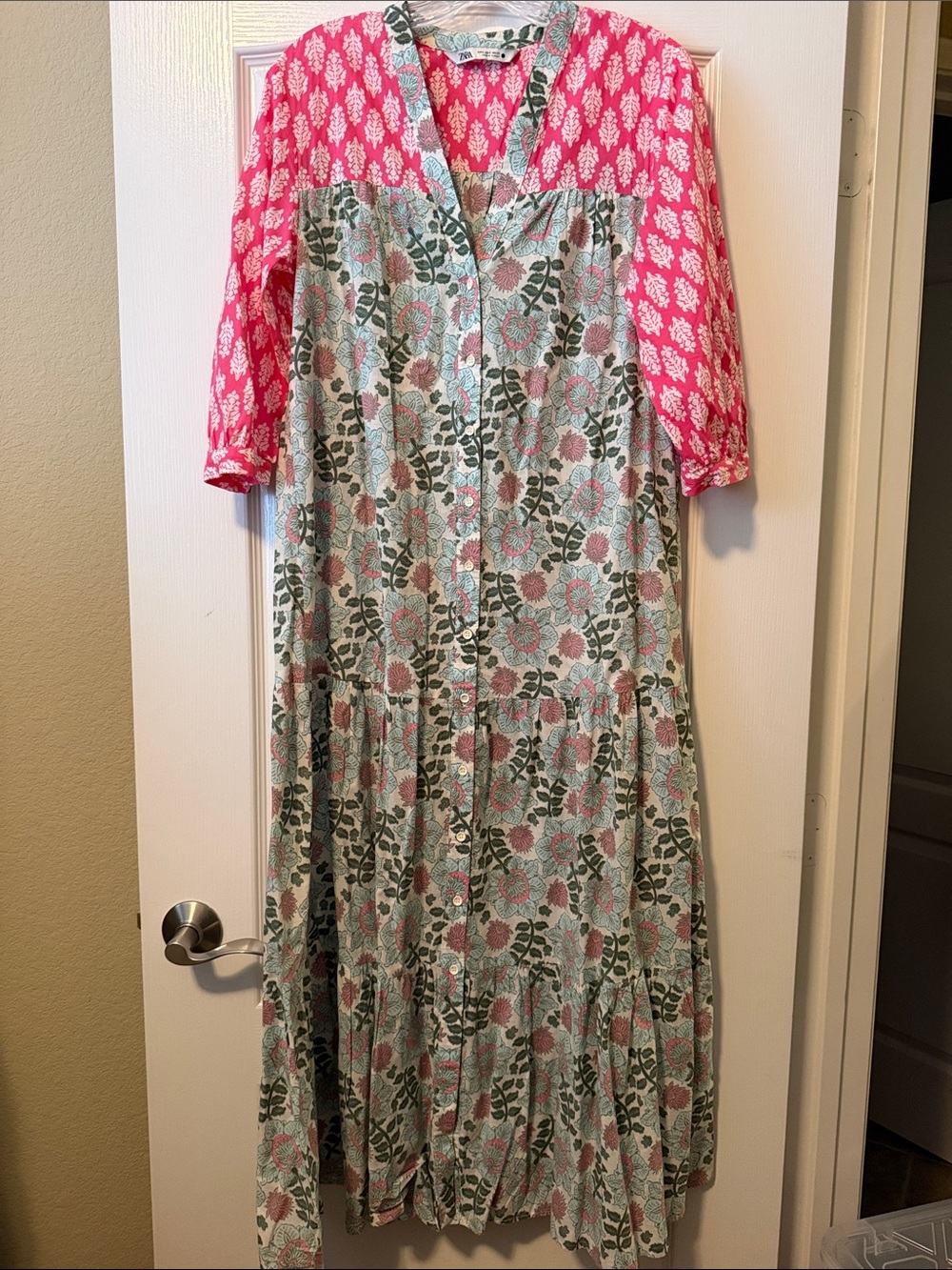 Zara Pink and Mint Floral Button-Front Maxi Dress